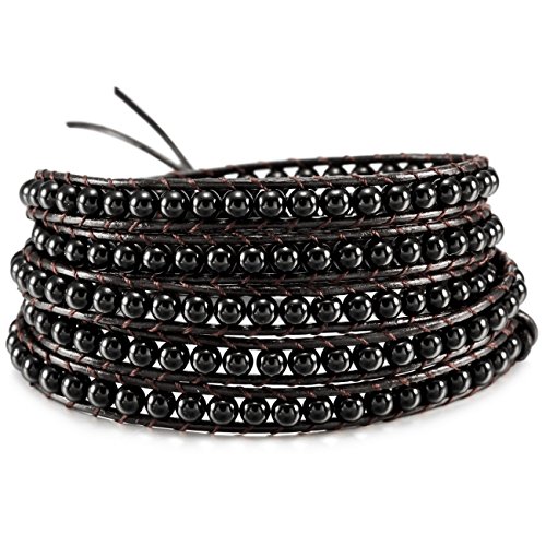 MOWOM Black Alloy Genuine Leather Bracelet Bangle Cuff Rope Simulated Agate Bead 5 Wrap Adjustable