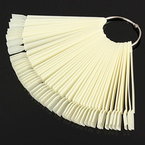 Beauticom 250 Natural Acrylic False Tip Sticks with Metal Ring Holders Fan-Shaped Nail Art Display Chart Practice Tips Tool - 250 Tips