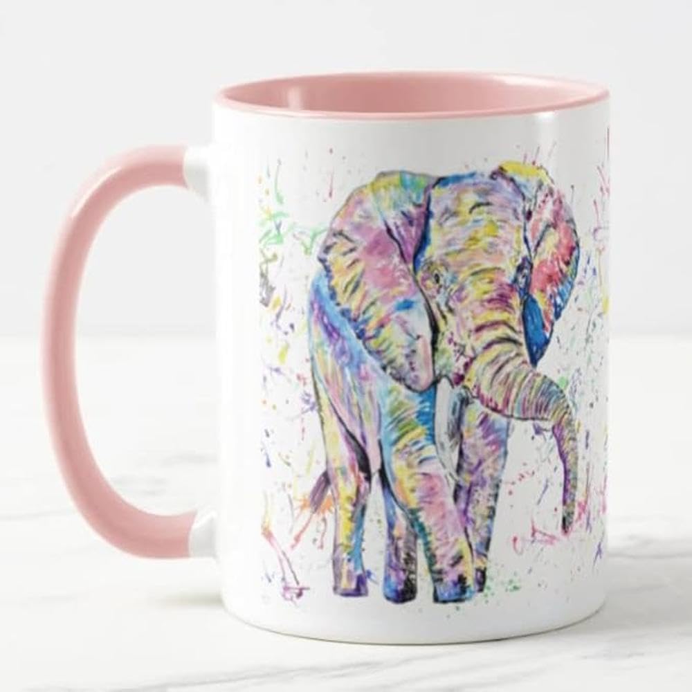 Vixar Elephant Forward Facing Adult Wild Animal Watercolour Art Coloured Mug Cup Gift Birthday Work Office Christmas Tea Coffee (Pink)