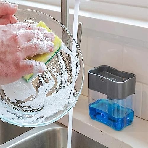 SKY-TOUCH 2 In 1 Sponge Rack Shelf Soap Detergent Dispenser Pump, Large Capacity With Sponge, 1 Hand Operation