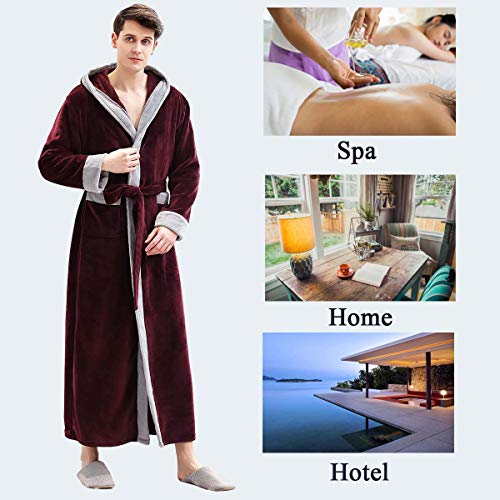 Mens Long Robes with Hood Full Length Hooded Bathrobe Fleece Plush