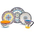 Euro Ceramica Zanzibar Collection Vibrant 20 Piece Oven Safe Stoneware Dinnerware Set, Service For 4, Spanish Floral Design, Multicolor