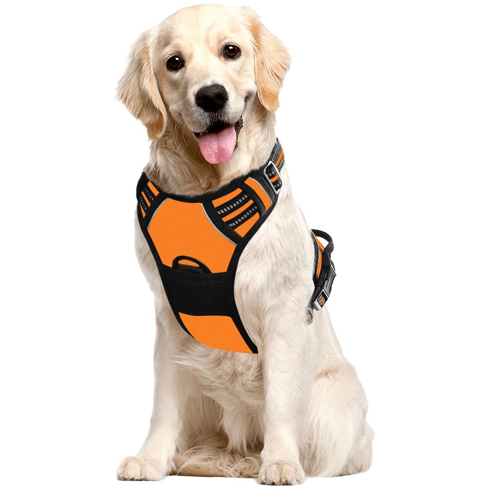 Voarge Dog Harness Large Dog No Pull Pet Harness with 2 Leash Clips, Reflective Strips, No-Choke with Easy Control Handle for Training or Walking, Medium Large Dog Vest Harness, Orange, XL