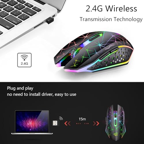 Uiosmuph V7 Wireless Mouse, 2.4G Silent Rechargeable Mouse Portable Mouse Ergonomic 2400DPI Gaming Mouse with Receiver, 6 Buttons for Laptop, PC, Computer, Chromebook, Notebook - Black