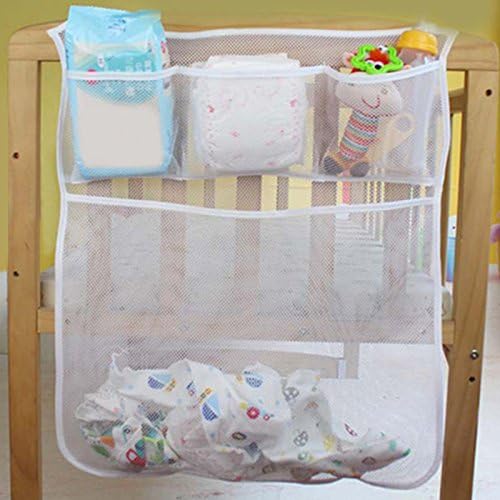 Crib Hanging Storage Bag Bedside Crib Caddy Baby Diaper Nursery Organizer for Baby Lamb Clothing Diapers Toys Organizer With 4 Compartments(White)