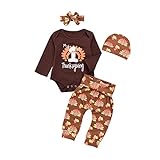 Mikrdoo 4Pcs Set Thanksgiving Outfit Toddler Baby Long Sleeve Romper Tops+ Pants + Hat + Headband Clothes Set … (0-3 Months, A)