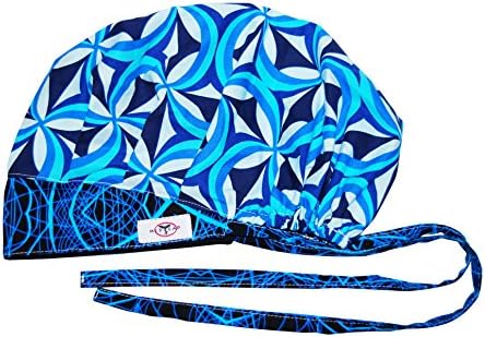 MedCap Scrub Hat Bouffant Scrub Cap with Ties Ponytail Pinwheels and Blues