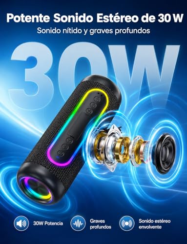 UOHHBOE Altavoz Bluetooth Portátil 30W, Sonido 360° con Graves Potentes, Bluetooth 5.4, 30H Batería, IPX5 Impermeable, Luces RGB, TWS Estéreo, USB-C, AUX, USB y TF, para Fiesta y Playa