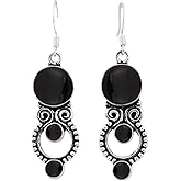 Natural Round Shape Gemstones Dangle Earrings for Women - Silver Plated Birthstone Boho Handmade Jewelry Earrings - Gift for Wife Mom Her