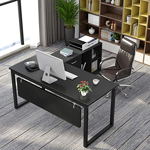 Tribesigns L-Shaped Computer Desk, 55 inch Large Modern Executive Office Desk Business Furniture with File Cabinet and Storage Shelves for Home Office (Black) - Thumbnail 2