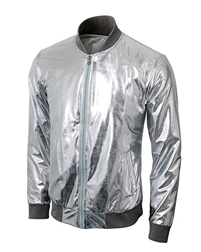 Mens Metallic Nightclub Baseball Varsity Bomber Jacket Shiny Slim Zip Up Stage Performance Costume Suit Outfit (2X-Large, Silver)