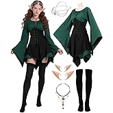 Kuberas 6Pcs Elf Costume Women Renaissance Medieval Forest Fairy Elf Dress Accessories Halloween Cosplay Outfit for Adults