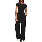 Darong Women's 2 Piece Set Outfits Lounge Sets Ruched Short Sleeve Tops High Waisted Wide Leg Pants Tracksuit Sets