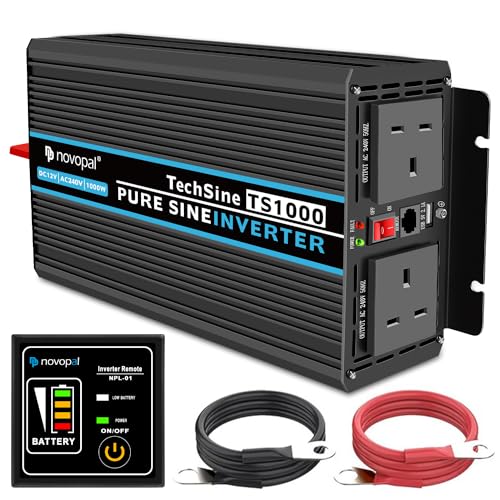 NOVOPAL 1000W Power Inverter Pure Sine Wave 12V DC to 240V AC Converter with 2 UK Outlets and 1 USB,16.4FT Remote Control,2 Cooling Fans for RV,Boat,Camping,Home