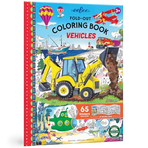 eeBoo: Vehicles Fold-Out Coloring Book – 39" of Coloring Space, 65 Stickers, Screen-Free Activity for Kids Ages 3 and up