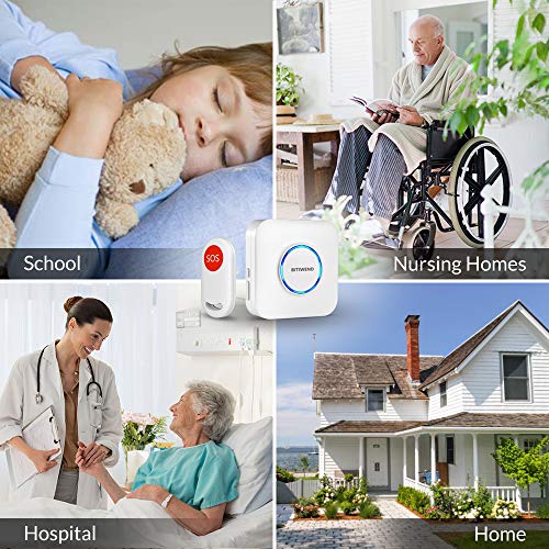 Wireless Caregiver Button Caregiver Pager with IP55 Waterproof SOS Call Button for Caregiver Alert System 52 Melodies with Wireless Range 260ft (3 SOS Buttons+2 Receivers) Neck Strap Included