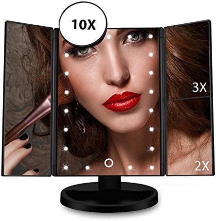 eVmo 21 LED Makeup Mirror, Lighted Vanity Mirror Tri-fold Touch Screen Magnification Adjustable Portable Foldable Travel Cosmetic Makeup Mirror, Battery or USB Powered Table Stand Mirror, Black MB01B