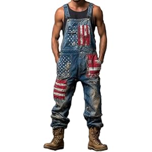 Men's Stars Stripes USA Flag Print Denim-Like Overalls Jumpsuit American 250Th Anniversary 1776-2026 Printed Pants