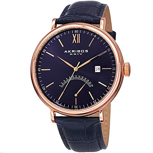Akribos XXIV Explorer Mens Dress Watch - Sunburst Effect Dial - Japanese Quartz - Leather Strap - Rose Gold Blue