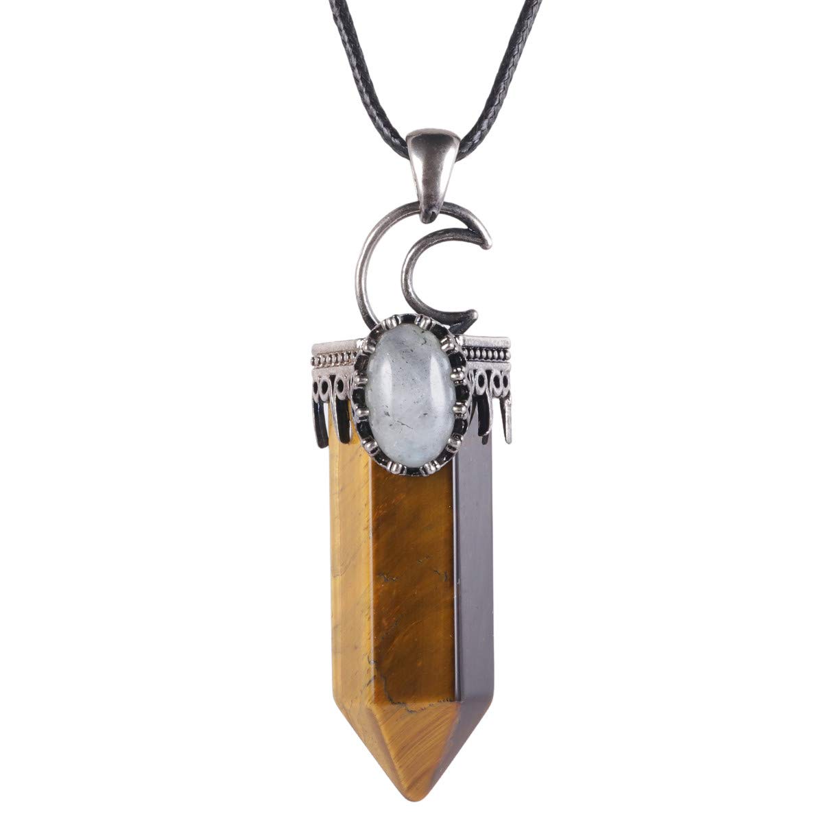 Nupuyai Vintage Moon Tiger's Eye Crystal Point Pendant Necklace for Women, Hexagonal Stone Energy Protection Pendant with Chain