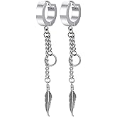 Unisex Gothic Kpop Emo Black Stainless Steel Feather Circle Ring Spike Tassel Chain Dangle Drop Earrings Piercing Jewelry Huggie Hoop Earring Gift for Men Women Teens