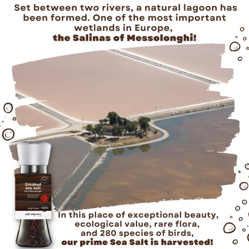SALT ODYSSEY GRINDER SALT, PURE SEA SALT FOR SEASONING MEAT, FISH AND CHICKEN, 100% NATURAL SEA SALT FROM GREECE, GOURMET NATURALLY SMOKED SEA SALT MILL GRINDER (7.05 OZ.)