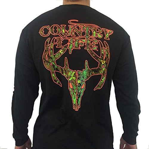 Country Life Camo Deer Skull Black and Orange Long Sleeve Shirt (X-Large)
