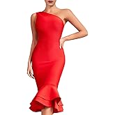 whoinshop Women's One Shoulder Mermaid Bodycon Dress Celebrity Midi Party Club Bandage Dress