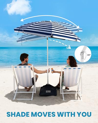 OutdoorMaster Beach Umbrellas for Sand with Sandbag & Anchor, 7.2ft Adjustable Umbrella for Beach Heavy Duty Wind, Portable UPF50+ Sunshade with Carry Bag for Patio
