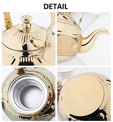 OMGard Gold Tea Pot with Infuser Loose Tea Leaf Filter 2 Liter Stainless Steel Teapot Coffee Water Small Kettle Strainer Set Warmer Teakettle for Stovetop Induction Stove Top 2.1 Quart / 68 Ounce