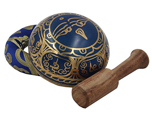 DharmaObjects ~ Tibetan OM MANI Singing Bowl Set ~ With Mallet, Brocade Cushion & Carry Bag ~ For Meditation, Chakra Healing, Prayer, Yoga (Blue)