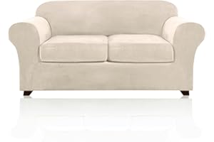 PrinceDeco Velvet Couch Cover Loveseat Covers for 2 Cushion Couch 3 Piece Sofa Covers for Dogs Washable Loveseat Covers Width Up to 72 Inch No Slip Stretch Sofa Slipcover(Medium, Ivory)