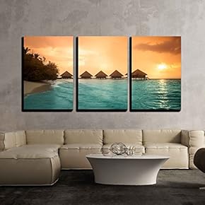 3 Piece Canvas Wall Art - Over Water Bungalows with Steps into Amazing Green Lagoon - Modern Home Art Stretched and Framed Ready to Hang - 16"x24"x3 Panels