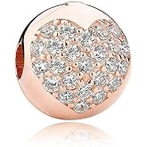 Pink Cherry Blossom CZ Clip 925 Sterling Silver Bead love heart Charm Clip Charm Lock Stopper Charm Spacer Charm for Pandora Charms Bracelet (Rose Gold Love Charms)
