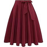 Bbonlinedress Womens Vintage Summer Casual A-line Midi Skirt Elastic Wide Waist Flared Skirt with Belt