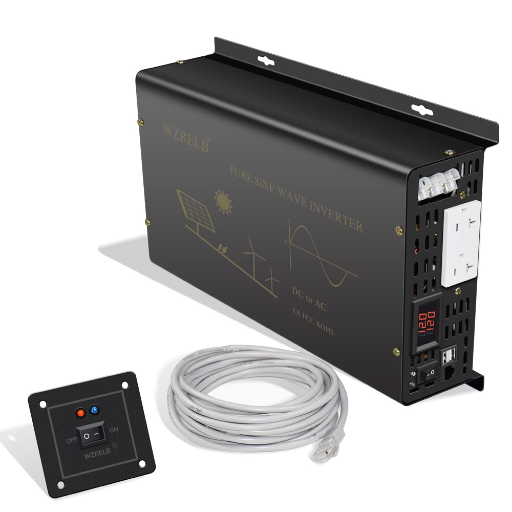 WZRELB Pure Sine Wave Power Inverter 5000W 12VDC to 120VAC 10KW Peak Dual AC Outlets 2× 2.4A USB Port &Hardwire Terminal with 16ft Remote Conrtol Off-Grid Solar Converter RV Trucks (VC500012U5WD-1)