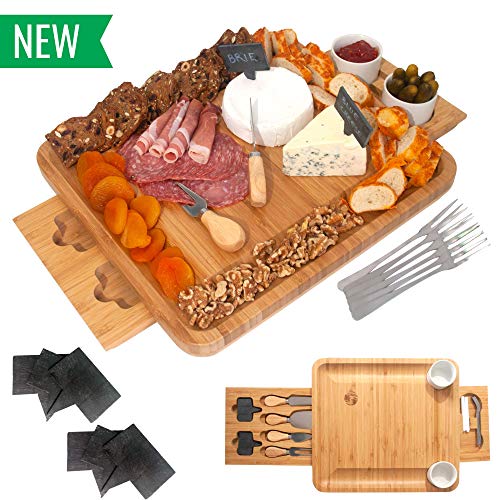 Bamboo Cheese Board and Knife Set - Wooden Charcuterie Platter & Serving Tray for Meat & Cheese with 2 Slide-Out Drawers, 6 Appetizer Forks, 6 Slate Labels, 4 Stainless Steel Knives & Bowls - (20 Pc)