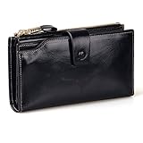 Jack&Chris Women's RFID Blocking Luxury Wax Genuine Leather Clutch Wallet Card Holder Organizer Ladies Purse, WB301 (Black)