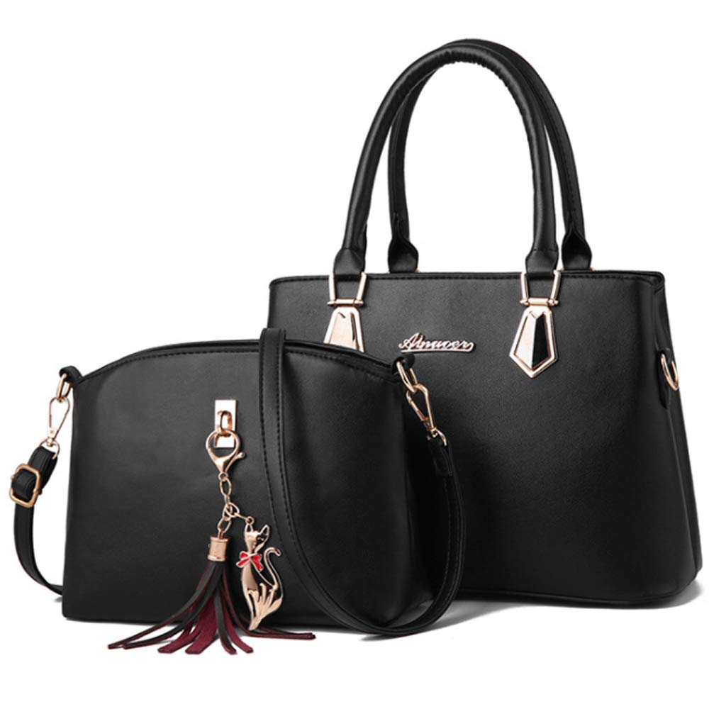 Rullar 2Pcs Women Top-Handle Bag Set PU Leather Tassel Ornaments Satchels Tote Shoulder Crossbody Bag Handbag Purse Black