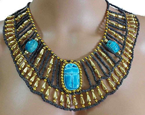 Egyptian Hand Made Multi Beaded Scarab Beads Cleopatra Nefertiti Queen Style 9.5" Necklace Collar Choker Pendant Christmas Halloween Ancient Egypt Pharaoh Costume Accessory Jewelry Belly Dance