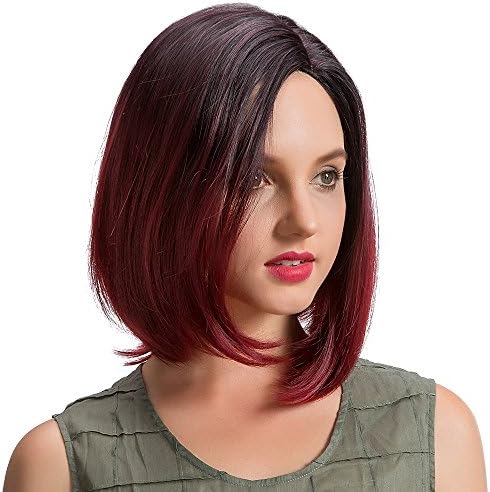 Panda Hair Medium Middle Part Bob Wig - 14 Inch Black Burgundy Soft Silk Synthetic Wig Cosplay Party Wig for Women