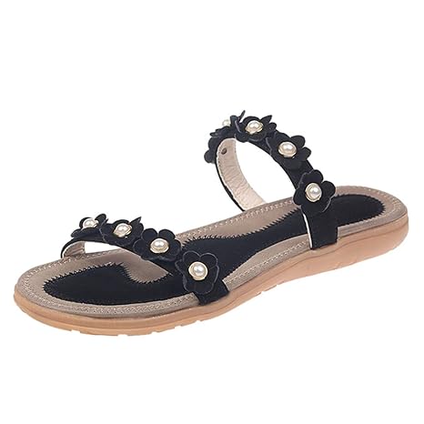 YEARNLY Pantoletten Damen Sommer Flach Bade Schlappen mit Blumen Strass Frauen Weiche Rutschfest Strand Badeschuhe Gr.35-42