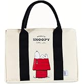 MINISO Snoopy Tote Bag,Peanuts Summer Travel Series Lightweight Canvas Handbag, 11.4" Multipurpose Use Grocery and Carry Bags for Men Women, Beige