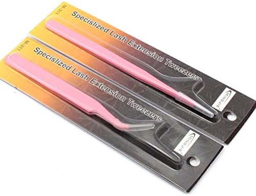 5 colors 2pcs/lot Straight+Curved Tweezer for Eyelash Extensions Stainless Steel Nail Rhinestone Nippers (Pink)