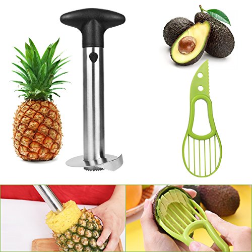 Uvistare Ananasschneider Schäler Edelstahl Professional Set, Spülmaschinenfest, Ananas Entkerner, Avocadoschäler Avocadoschneider, Obstschäler Schneider
