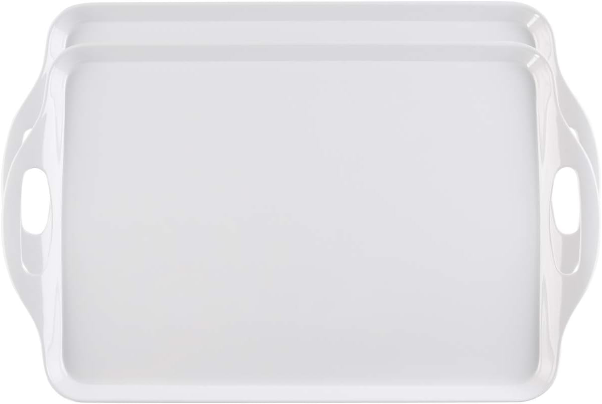 JPCRAFT Rectangular Melamine Serving Tray with Handles, Set of 2, White