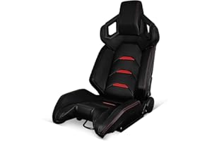 IKON MOTORSPORTS, Universal Racing Seats Left Driver Side with Dual Slider, Black with Red Stitch Red Stripe PU Leather Reclinable