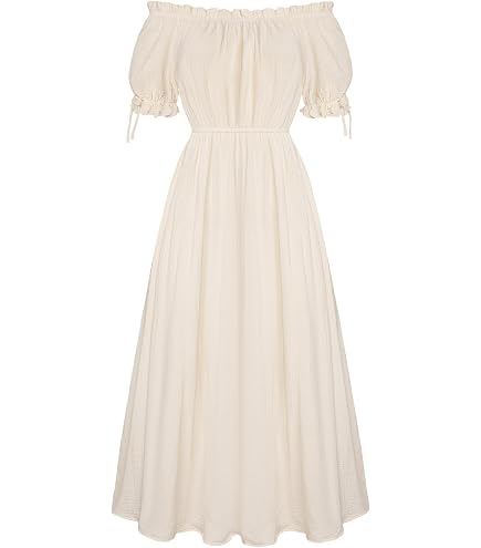Scarlet Darkness Renaissance Dress Women Short Sleeve Smocked Dresses Cotton Fairy Dress with Pockets Apricot M : Clothing, Shoes & Jewelry