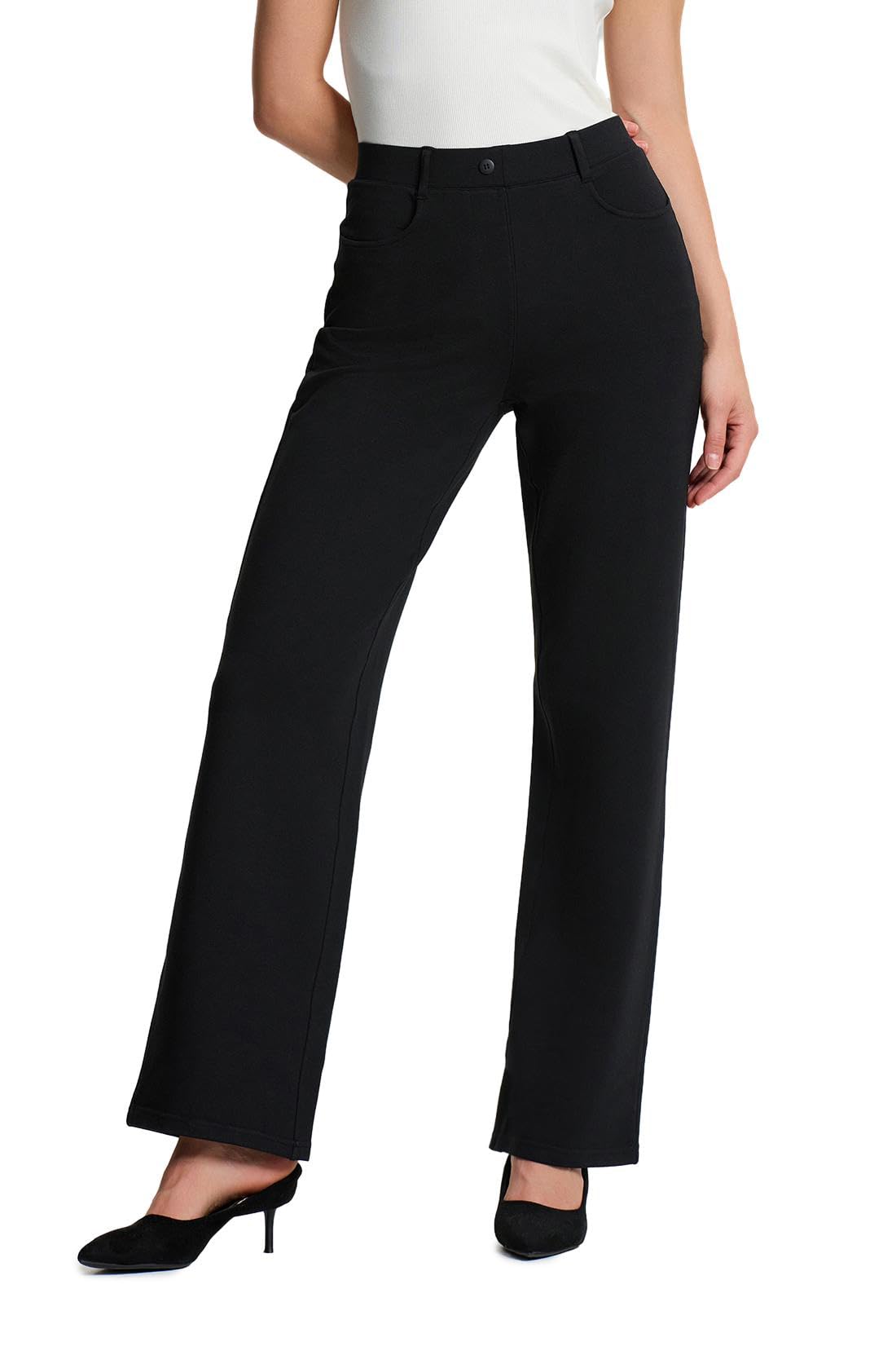 Photo 1 of Yogipace Petite Women's Pull-on High Rise Stretch Relaxed Fit Dress Pants Soft Ponte Bussiness Casual Trouser Work Pant,29",Black,Size M