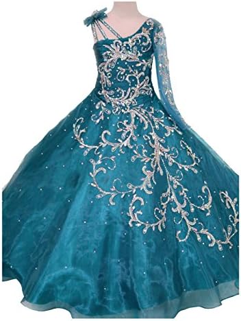 Girls' Bowknot One-Shoulder Long Sleeves Beaded Sequins Embroidery Pageant Ball Gown